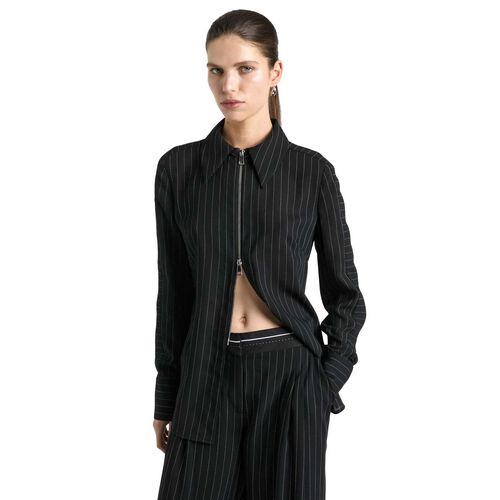 Cue Sheer Stripe Zip Front Shirt